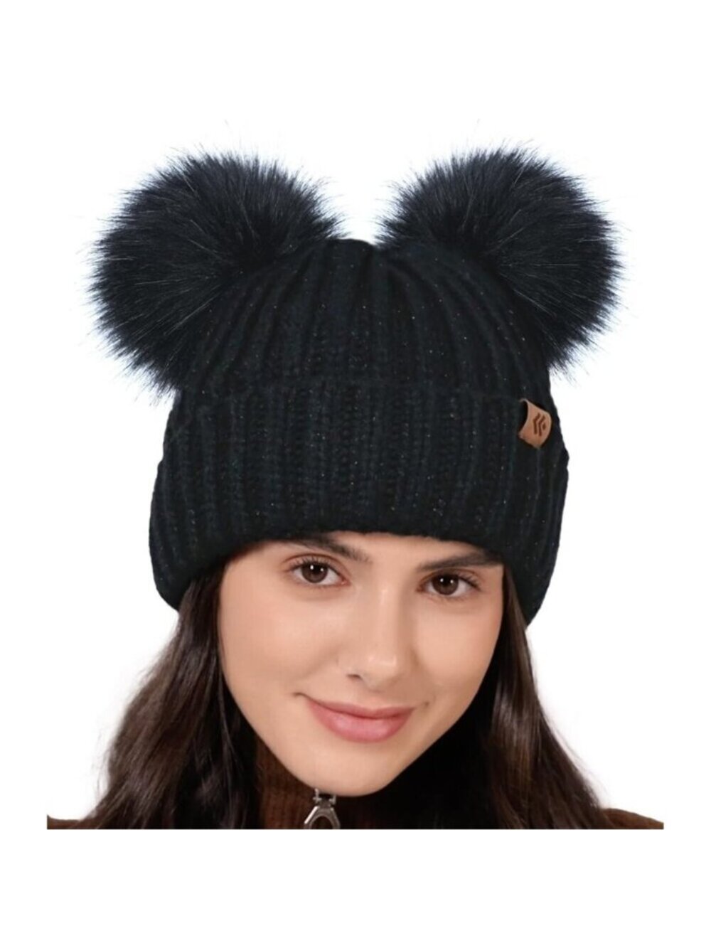 Double Pom Pom Beanie for Women Girls Warm Fleece Lined Knit Black Winter Hat